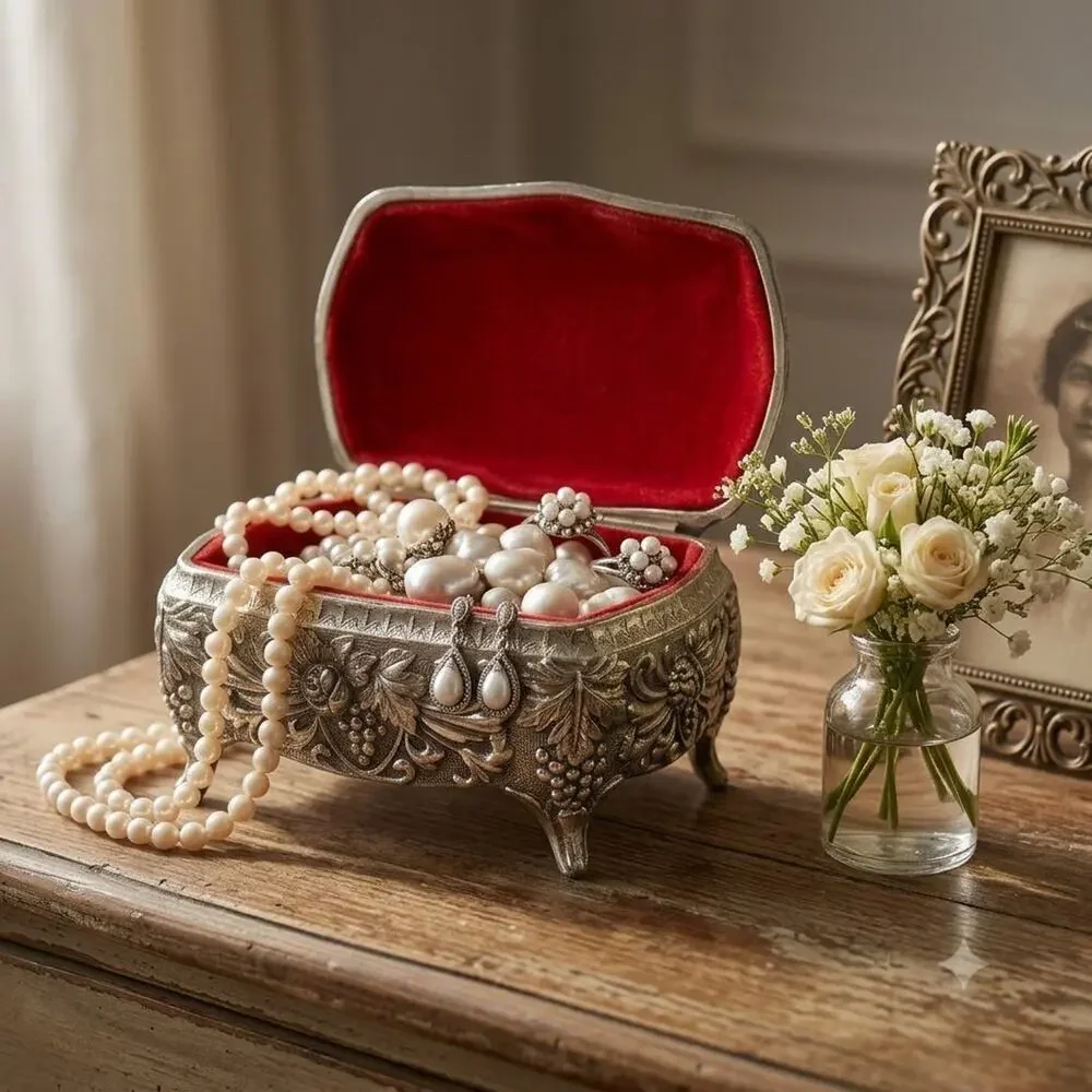 VTG Silver Tone Ornate Footed Jewelry Trinket Box Lined Victorian Cottage 4x2.5